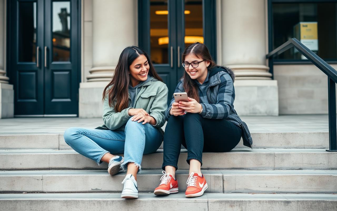 Two diverse young people sitting outside together looking at a phone