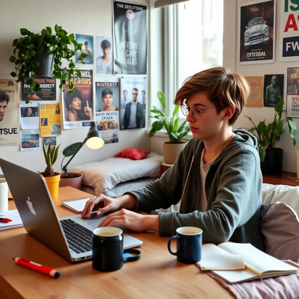 Young person studying at a desk with a laptop in a cosy bedroom